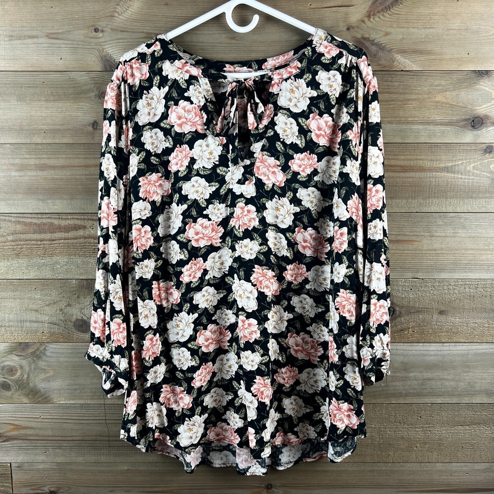 Torrid Womens Shirt 3/4 Sleeve Tie Neck Floral Blouse Romantic Cottagecore‎ 2X